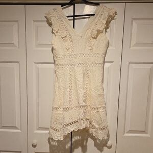 Lace Eyelet V-Neck Mini Dress in Cream